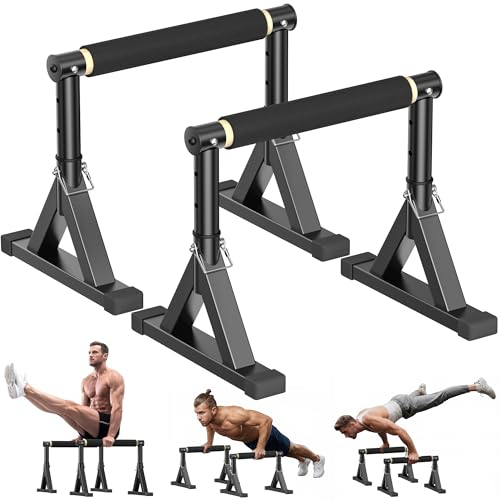 Wooden Parallel Bar and Dip Bar with Adjustable Height and Non-Slip Handles, Rock-Free Fitness Equipment for Handstands, L-Sits, Gymnastics and Strength Training for Home Gym, 600lbs Capacity - size: 10-14''