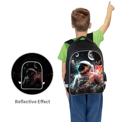 ZRENTAO 3 Pcs Kids Backpack, 3D Reflective Cartoon, 600D Polyester & Dual Zippers, 17" Bookbag with Ergonomic Design for boys & girls age 6-18, Astronaut Space Style for school Children Kids - color: 10##astronautsset