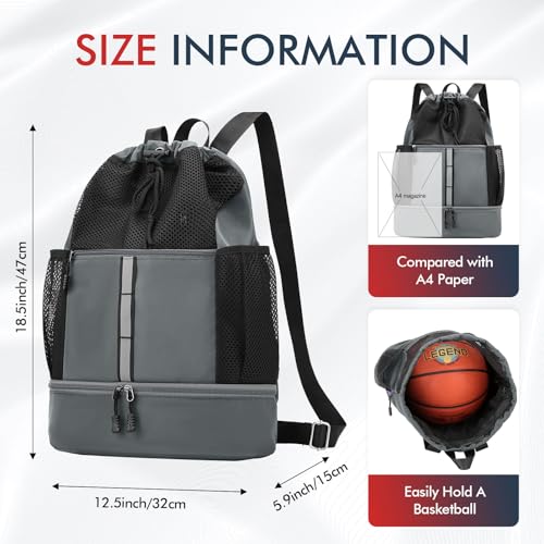 PinCute Drawstring Gym Bag for Men/Women - Mesh Beach Swim Bags Sports Backpack with Wet Pocket&Shoe Compartment, Lightweight - color: Dark Grey
