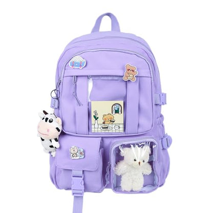 Kawaii Backpack with Cute Bear Plush Kawaii Pin Accessories Large Capacity Aesthetic School Bags Cute Bookbag for Girls Teen Purple - color: Purple