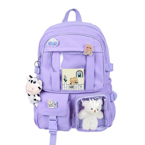 Kawaii Backpack with Cute Bear Plush Kawaii Pin Accessories Large Capacity Aesthetic School Bags Cute Bookbag for Girls Teen Purple - color: Purple