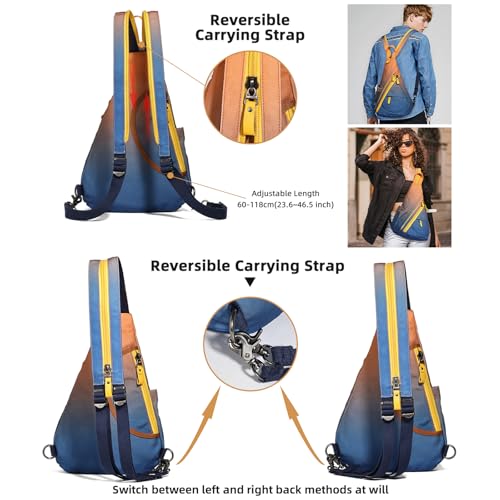 KL928 Canvas Sling Bag - Small Crossbody Backpack Shoulder Casual Daypack Rucksack for Men Women - color: Canvas-orange+darkblue-n