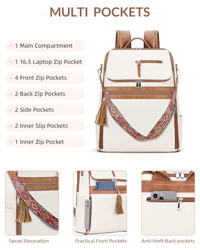 SYTRAH Leather Laptop Backpack for Women Designer Laptop Bag, 16.5 inch Travel Computer Backpacks Purse with Tassel for Work Business with Satchel Purse Beige Brown - color: Beige Brown
