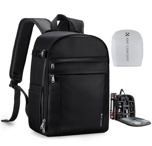 K&F CONCEPT Camera Bag Backpack, Professional DSLR/SLR/Mirrorless Camera Backpack, Photography Camera Case with Tripod Holder & Rain Cover Compatible with Canon/Sony/Nikon/FUJIFILM - color: 03-Bright Black