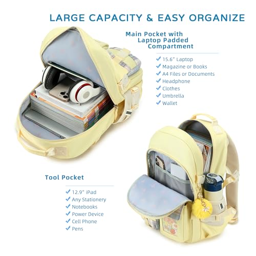 Backpack for Girls, 15.6 Inch Laptop School Bag Kids Kindergarten Elementary College Backpacks Large Bookbags for Teen Girl Women Students Casual Travel Daypacks (Yellow) - color: Yellow