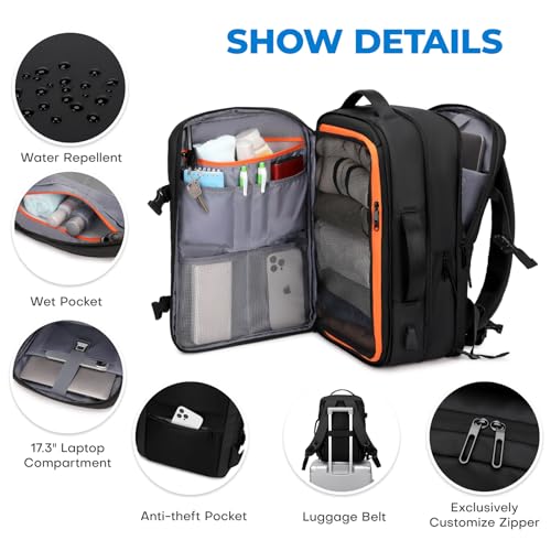 Rcrirth Carry On Travel Backpack for Airplanes | 35L Suitcase Backpack Luggage Business Weekender Bag - Expandable Travel Carry On Flight Approved for Men Women - Black - color: Black