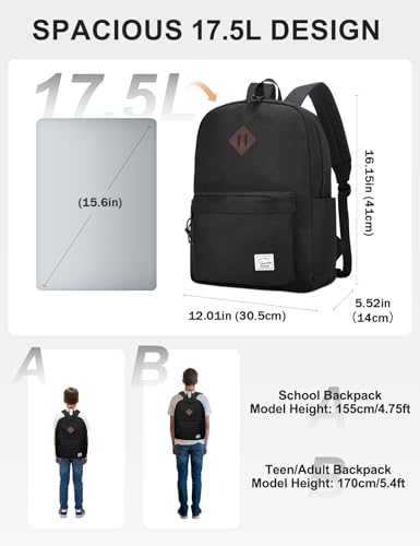 VASCHY Lightweight Backpack for School, Classic Basic Water Resistant Casual Daypack for Travel with Bottle Side Pockets (Black) - color: Classic Black