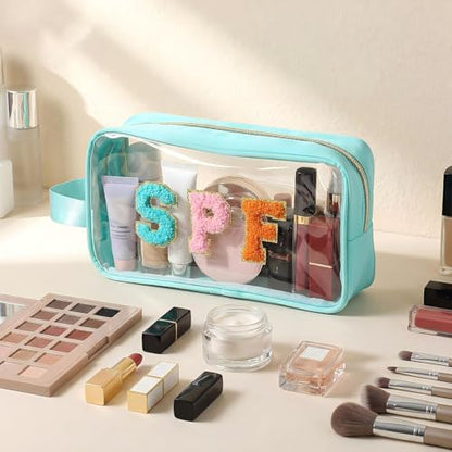 Kacctyen Clear Beach Swim SPF Makeup Bag Preppy Chenille Letter Cosmetics Nylon Toiletry Waterproof Makeup Travel Pouch Snack Bags for Women(Blue,Spf) - color: Blue, style: Spf
