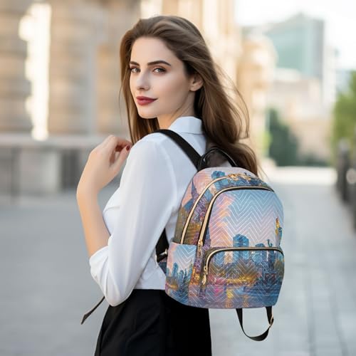 YETTASBIN Fashion Quilted Mini Backpack for Women & Girls - City Scenery Lightweight Casual Travel Daypack, M(14L) - size: Medium