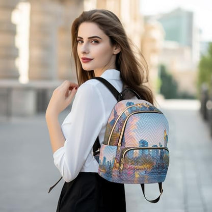 YETTASBIN Fashion Quilted Mini Backpack for Women & Girls - City Scenery Lightweight Casual Travel Daypack, S(8.5L) - size: Small