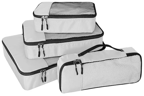WTREE 4-Piece Packing Cubes Travel Accessories Set for Suitcases - Luggage Organizer Bags with Double Zipper - Mesh Top - Small/Medium/Large/Slim - Beige - color: Beige, size: Slim, Small, Medium, Large