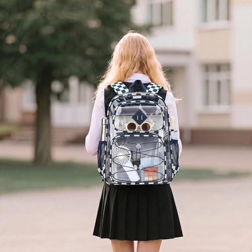 Clear Backpacks for Girls Women, Heavy Duty PVC Transparent Back Pack See Through Boys Kids Clear Bookbags for School Checkered Navy Blue - color: Checkered Navy Blue