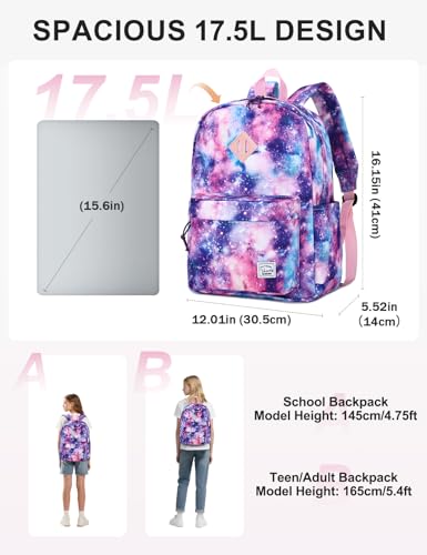 VASCHY Backpack for School, Lightweight Water Resistant Bookbag Casual Daypack for Middle School Teen Girls Pink Galaxy - color: Pink Galaxy