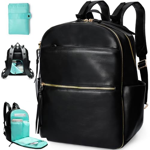 MOMINSIDE Diaper Bag Backpack Leather Diaper Bag with 6 Insulated Pockets, Baby Bag for Mom Dad, Baby Registry, Changing Pad, Stroller Straps,Diaper Backpack Diaper Bag Leather (Black) - color: Black