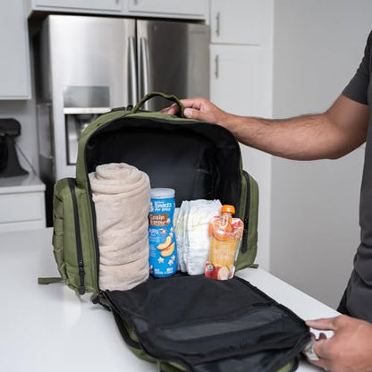 Green Dad Diaper Bag - Molle-Style Military Diaper Backpack Made of Rugged 900D Waterproof Polyester with Wider Extra-Long Straps, Dirty Diapers Pouch, Baby Wipes Dispenser & Insulated Bottle Pockets - color: Green