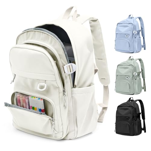 Lightweight Backpack for College & High School Backpack With Lots of Pockets Cute School Bag for Girls Boys, Large Capacity Bookbag for Women Men, Waterproof Teens Casual Daypack Backpack(Beige) - color: Beige