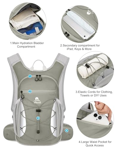 Hydration Backpack with 2L Water Bladder - Lightweight 15L Daypack with Phone-Sized Hip Belt Pockets, Anti-Chafe Cotton Edging & No-Bounce Straps - Small Water Backpack for Hiking, Running, Skiing - color: Light Grey