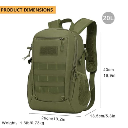 ArcEnCiel 10L/20L Mini X-Small Tactical Backpack MOLLE Daypack Gear Pack Camping Bag with Patch - color: Green, size: 20L