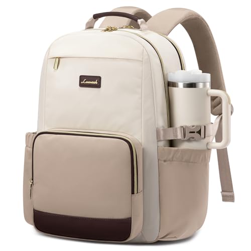 LOVEVOOK Laptop Backpack for Women with Pouch Pocket for Large Capacity Cup,15.6 Inch Laptop Computer Bag Travel Backpack Purse,Waterproof Work Business College Teacher Backpack,Beige-Nude-Logam Plum - color: Beige - Nude - Logam Plum, size: 15.6 Inch