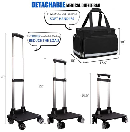 Medical Bag Rolling Roller Bag Trolley Duffel Nurses EMT CNA RN Empty for First Aid Responder Home Health Care Nursing Student Roll Duffle Bag Carry on Wheels Wheeled Work Physicians Doctor - color: Black