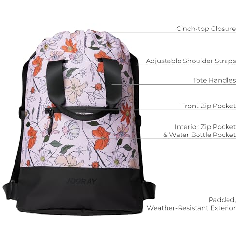 VOORAY 23L Flex Cinch Drawstring Backpack – Lightweight Travel Bag, Weekender & Sports Gym Bag for Women and Men - color: Flower Power
