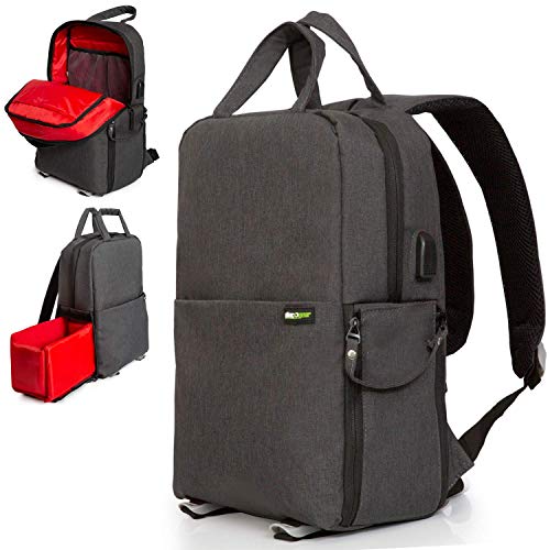 Deco Gear Multifunction SLR/DSLR Camera Backpack with Built-in USB Charging Port for Canon, Nikon, Sony Fits Mirrorless Cameras, Lenses, and Accessories with Rain Cover Medium Size - color: Dark Grey