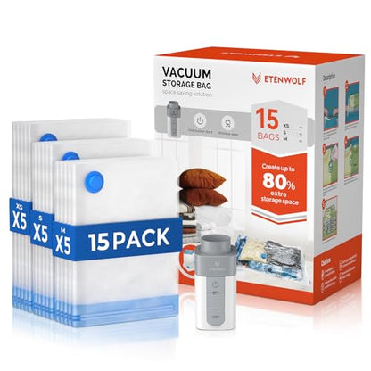 ETENWOLF Vacuum Storage Bags for Travel with Rechargeable Wireless Pump, Vacuum Seal Bags for Clothes and Travel, Space Saver Bags in Carry-On Sizes, Perfect for Luggage and Suitcases, 15 Combo - size: 15 Combo Size-E