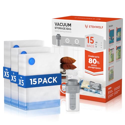 ETENWOLF Vacuum Storage Bags for Travel with Rechargeable Wireless Pump, Vacuum Seal Bags for Clothes and Travel, Space Saver Bags in Carry-On Sizes, Perfect for Luggage and Suitcases, 15 Combo - size: 15 Combo Size-E