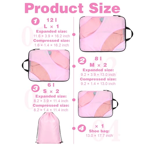 6 Pcs Set ompression Packing Cubes, Expandable Large Packing Cubes for Suitcases and Backpack, Compression Suitcase Organizers with Shoe Bag for Travel