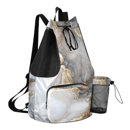 Drawstring Backpacks Camp Bag With Inside Pockets String Swim Bag Dry Wet Separation Marble White Neutral - color: Color 17