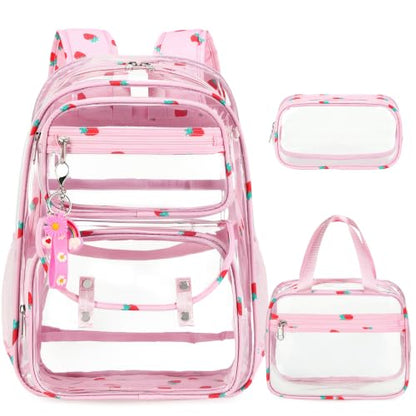 ACESAK Clear Backpack for Girls - 3 Pcs Clear Backpack Heavy Duty with Lunch Bag - See Through Bookbag Stadium Approved for Kids Middle High College School(Pink Strawberry) - color: Pink Strawberry