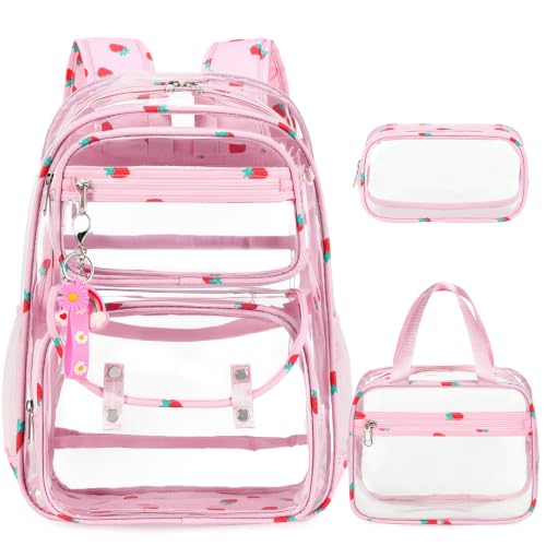 ACESAK Clear Backpack for Girls - 3 Pcs Clear Backpack Heavy Duty with Lunch Bag - See Through Bookbag Stadium Approved for Kids Middle High College School(Pink Strawberry) - color: Pink Strawberry