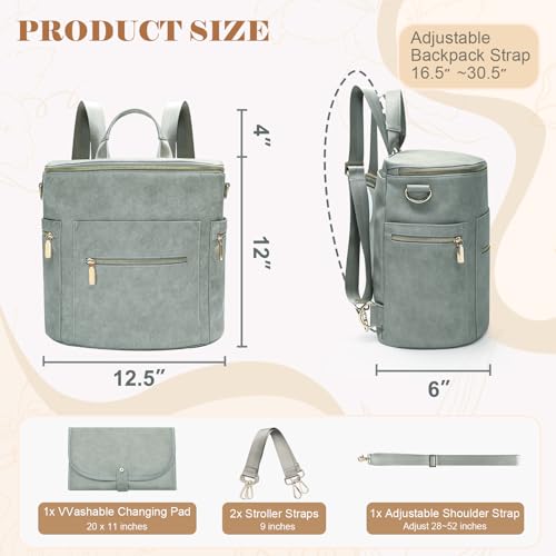 miss fong Large Leather Diaper Bag Backpack with Diaper Changing Pad | Diaper Backpack with 16 Pockets ,Stroller Straps & 2 Insulated Pockets - color: Premium Grey