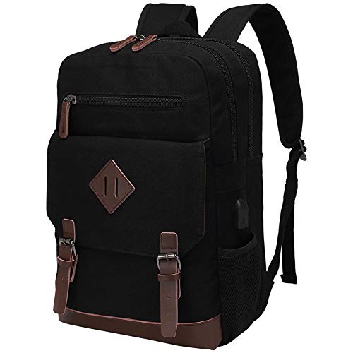 Modoker Eco-Friendly Canvas Backpack for Men Women, Vintage Rucksack Fits Most 15.6 Inch Laptop (Black, Fits up to 15.6" laptop) - color: Black