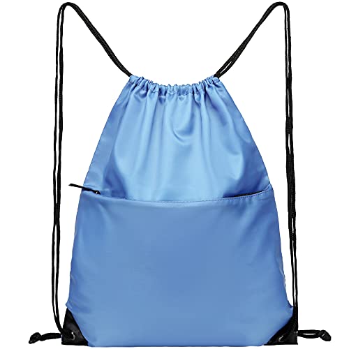 Drawstring Backpack Sports Water Resistant String Bag Sport Gym Sackpack for Women Men Large with Zipper, Baby Blue - color: Baby Blue