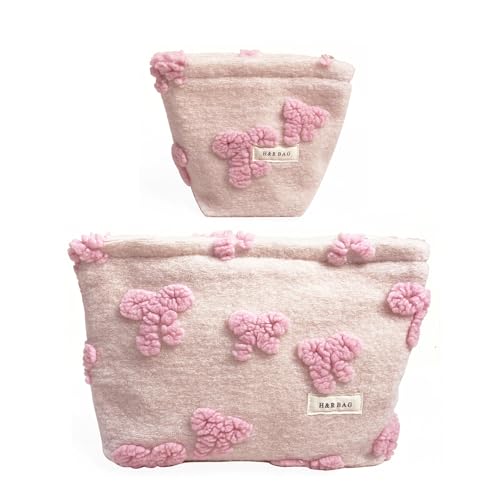 getgto 2 Pcs Makeup Bags, Large Cosmetic Bag Travel Toiletry Bag Organizer for Women, Plush Makeup Bag Small Cosmetic Pouch Purse with Zipper Gifts for Girls Teen - color: Girly pink