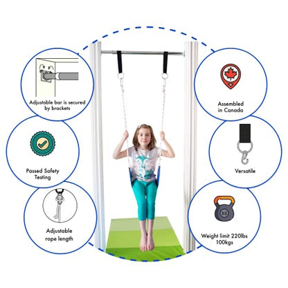 DreamGYM Doorway Swing Kit fr Kids - Doorway Gym with Trapeze Bar Combo, Gymnastic Rings, Rope Ladder & Classic Belt Swing
