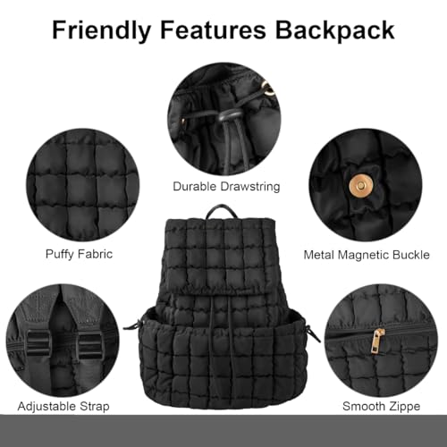 XSUIOY Quilted Backpack Purse for Women Small Lightweight Puffer Puffy College Laptop Backpack Nylon Casual Bookbag Daypack Top Flap Drawstring Padding Hiker Travel Gym Backpack(Black) - color: Black