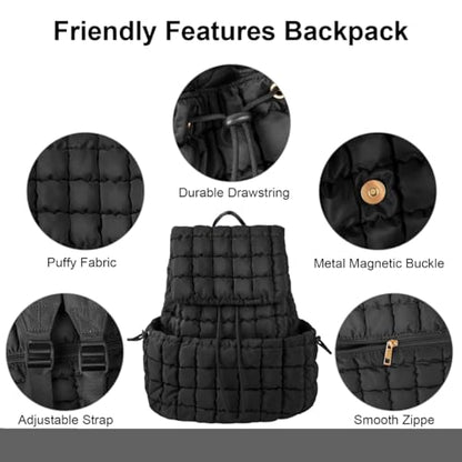 XSUIOY Quilted Backpack Purse for Women Small Lightweight Puffer Puffy College Laptop Backpack Nylon Casual Bookbag Daypack Top Flap Drawstring Padding Hiker Travel Gym Backpack(Black) - color: Black