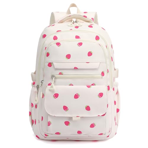 Phaoullzon Girls High Middle School Strawberry Backpack for Kids Kawaii Bookbag College Daypack,Strawberry - color: Beige Strawberry, size: Large (17.5 Inch)