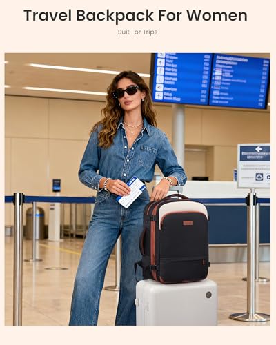 LOVEVOOK Carry On Backpack for Women & Men, Travel Backpack Carry On Flight Approved, 55L Personal Item Travel Bag, Business Weekender Overnight with Cup Holder & 2 Cubes, 18 Inch Black-beige-brown - color: Black-beige-brown, size: 55l-18 Inch-3pcs