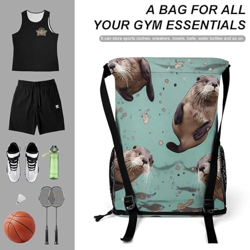 Drawstring Gym Backpack with Shoe Compartment And Wet Pocket, 28L Lightweight Waterproof Otters Sports Backpack for Workout Swim Beach Travel String Bag for Men Women