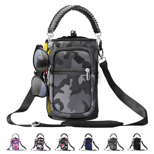 AceTreker 32/40/64/87/128 oz Water Bottle Carrier Bag, Neoprene Water Bottle Sleeve with 4 Pocket, Sport Water Holder with Paracord Handle and Shoulder Strap for Walking Hiking Camping Gym - color: 05.gray Camo, style: 128 Oz
