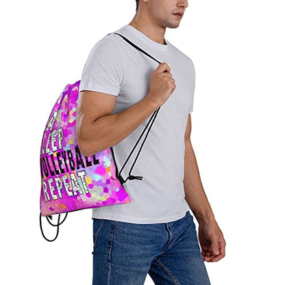 Drawstring Backpack Gym String Bag Sports Drawstring Sackpack For Women Men - color: New Eat Sleep Volleyball Repeat