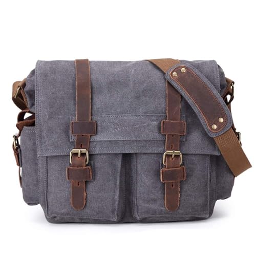 Sechunk Vintage Military Leather Canvas Laptop Bag Messenger Bags Medium - color: Grey, size: Large--17‘’
