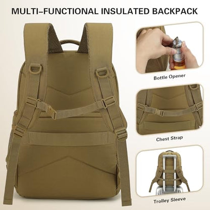 Tactical Double Deck Cooler Backpack for Men, Insulated Cooler Bag with 2 Compartment, 36 Cans Soft Military Insulated Lunch Backpack Waterproof Leakproof for Beach, Camping, Picnic, Hiking - color: Brown