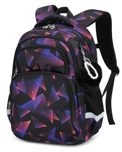 Cusangel kids Backpack for School Boys Girls 6-12ages,16in Bookbag Stitch,durable Water Resistant,7 Pockets, Adjustable Chest Strap,Reflective Strip,Large For Travel,Gifts(Black Purple) - color: Black Purple-17in