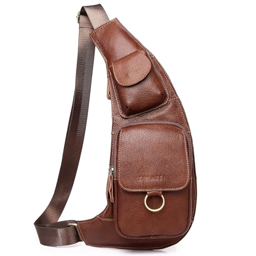 Vintage Leather Sling Bag Backpack for Men Crossbody Shoulder Chest DayPack Backpacks - color: #04brown