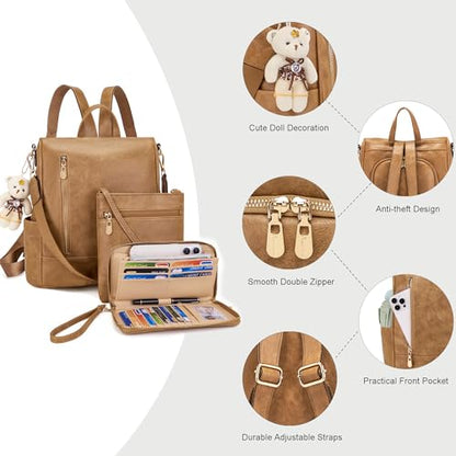 Soperwillton Women Fashion Backpack Purse Anti-Theft Leather Shoulder Bag Travel Multi Pockets Handbag Wallet Set 3pcs - color: Apricot