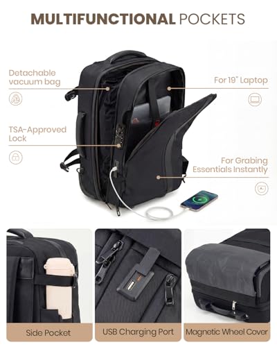 Fanwoli Rolling Vacuum Backpack Travel with One-Button Compression, Expandable Carry-On Suitcase Luggage, Approved TSA Lock & Water-Proof Laptop Compartment for Outdoor/Family/Business Trips - color: Black